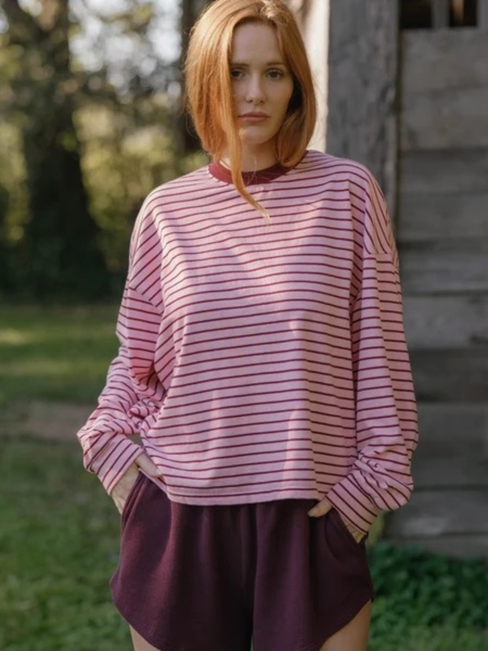 Eleven Eleven Relaxed Casual “Rosewood” Pink Red Striped Long-Sleeve Top Small